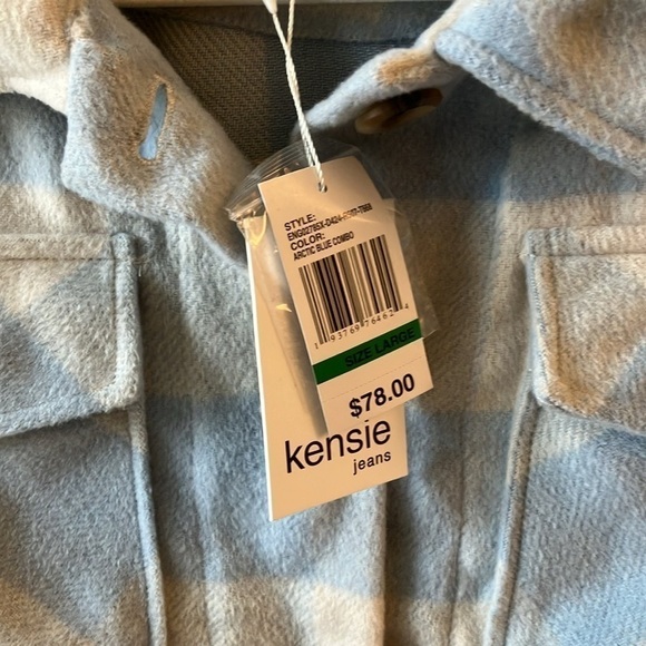 NWT: Kensie Jeans blue/cream SHACKET oversized plaid button up-pockets~size L - Picture 3 of 13